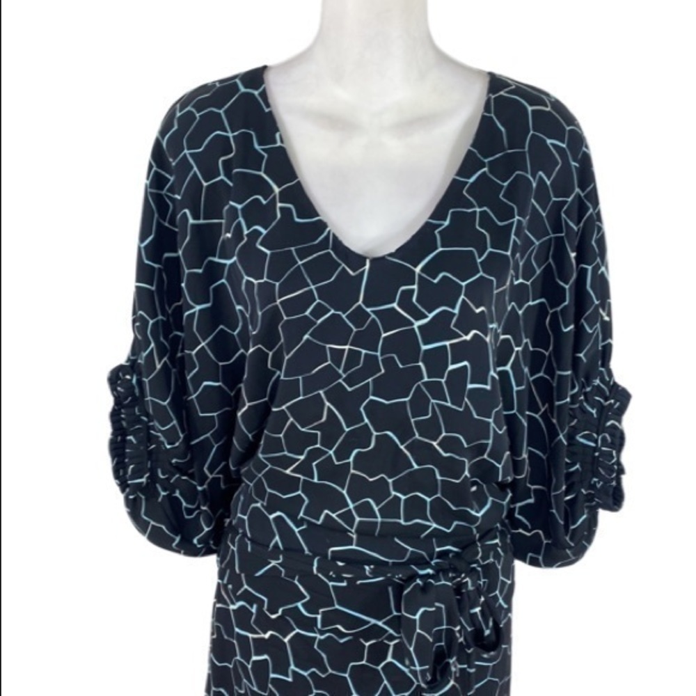 DVF Edna black blue white dolman sleeve blouson silk tie side blouson dress MM10 - Picture 3 of 15